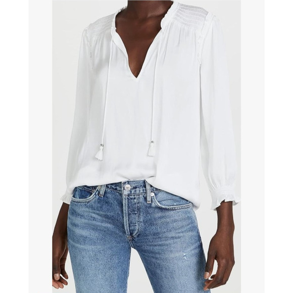 PAIGE Kaylynn Smocked Blouse Tassels City Chic Matte Satin Boho White Womens M - Picture 1 of 16